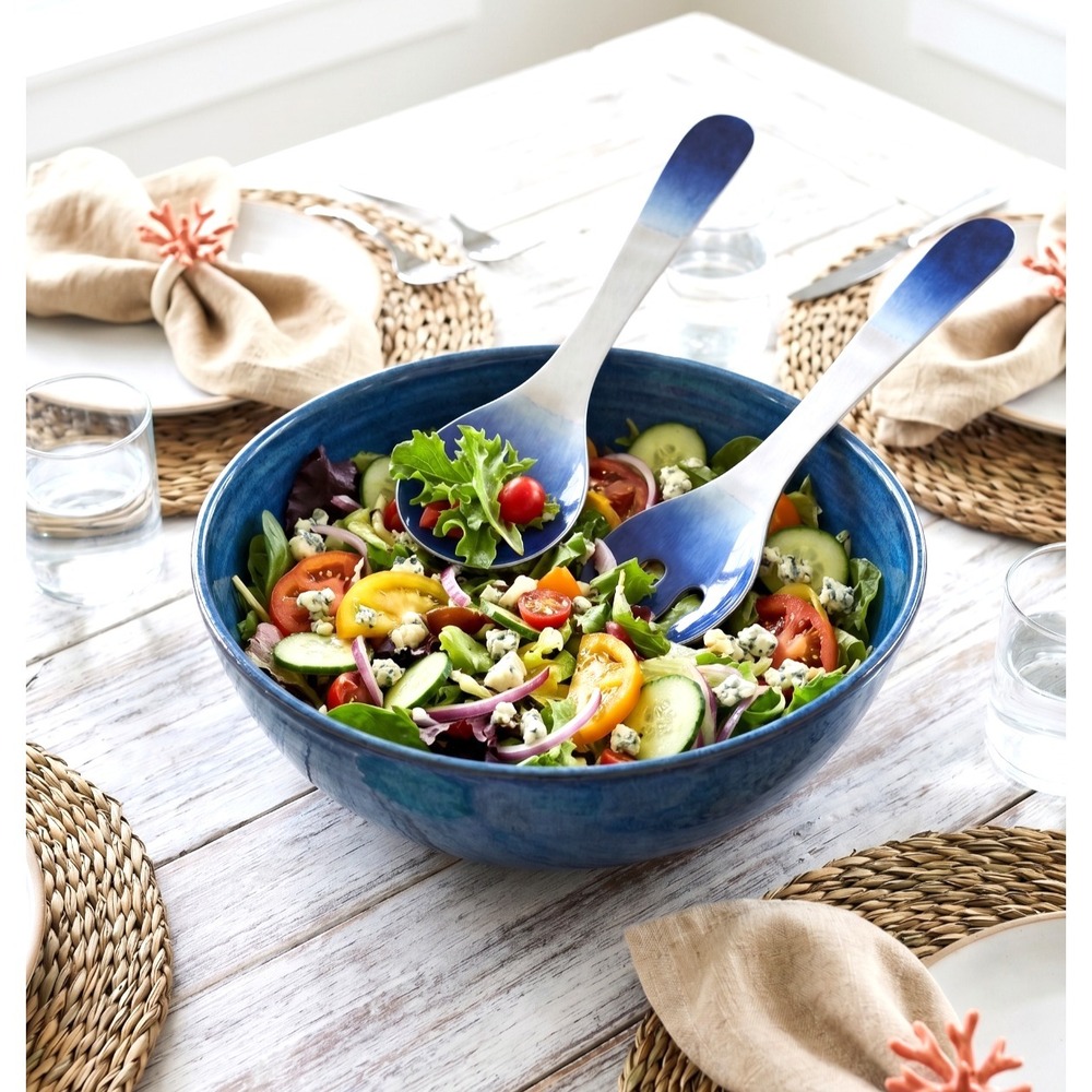 Salad Serve  Spoon Fork‎ Blue White Ombre Melamine Serving Utensils - Picture 2 of 11